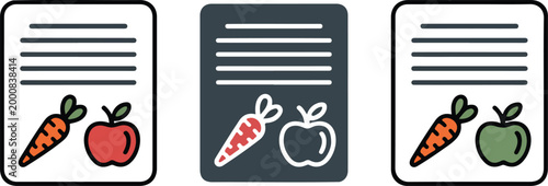 Minimalist recipe card icon set featuring carrot and apple illustrations in outline and flat styles for healthy cooking blogs and digital meal planning app interface design vector