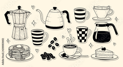 Coffee brewing equipment and breakfast food doodles including moka pot kettle pancakes and mugs in black and white hand drawn vector illustration