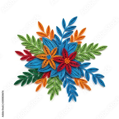 Colorful paper craft floral bouquet with decorative leaves and blooming flowers in a vibrant artistic style