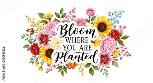 floral wreath with bloom where you are planted quote isolated on transparent background
