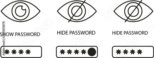 Visual representation of password visibility and security states with eye icons and passwords