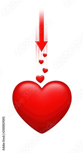 A large red heart icon with a downward red arrow pointing towards it with small falling hearts for love concepts