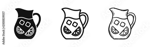 Pitcher of lemonade with ice cubes and lemon slices icon set in solid, outline, and hand-drawn styles