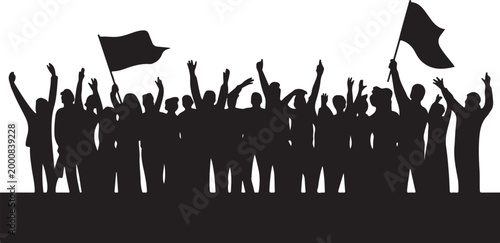 Crowd raising hands with black flags celebration