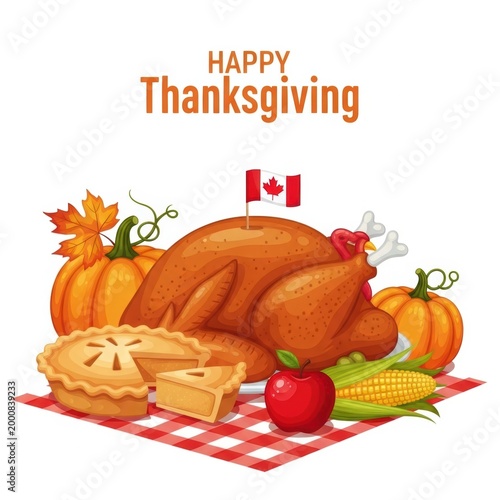 Happy thanksgiving greeting card with roasted turkey pumpkin pie and canadian flag on a red checkered tablecloth