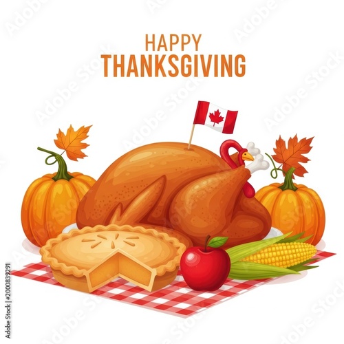 Happy thanksgiving greeting card with roasted turkey pumpkin pie autumn leaves and canadian flag on picnic blanket