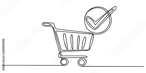 Shopping cart with check mark one line art for ecommerce business success, a shopping cart with a checkmark inside the basket. Clean black continuous line representing a completed digital purchase. 