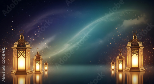 Elegant golden lanterns illuminate a mystical scene, reflecting on a surface amidst enchanting ethereal light