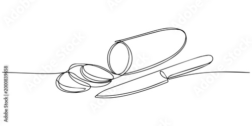 Sliced Cucumber with Knife continuous one line drawing, Silhouette illustration of a cucumber and knife depicting slicing for food preparation, Hand drawn line art illustration pro minimalist style. 