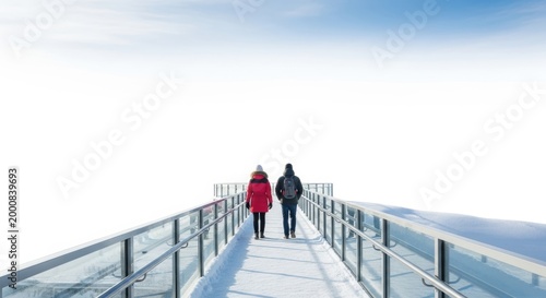 A man and a woman walking together on a high observation deck above the clouds during a bright sunny winter day