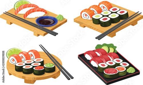 Professional vector illustration featuring four diverse platters of fresh sushi rolls, nigiri, and sashimi with chopsticks, ginger, and wasabi.