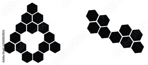 Black hexagon photo collage template. Honeycomb layout design element, blank frames for photo collection, overlay, montage, clipping, layer mask.
