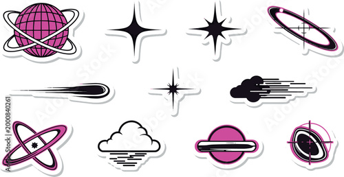 Y2K aesthetic space cosmic stickers set featuring futuristic planet stars galaxy comet clouds and abstract cyberpunk geometry elements vector illustration