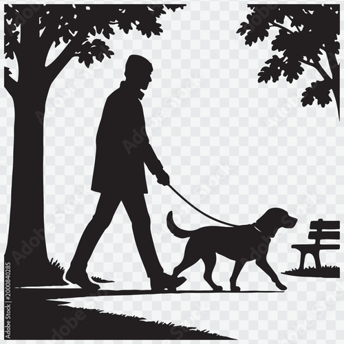 Silhouette of a man walking a dog. Pet care campaigns, outdoor activity promotions