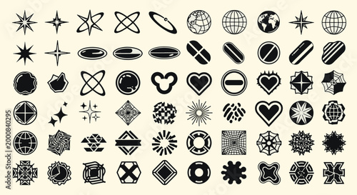 Mega collection of abstract geometric y2k icons chrome shapes stars hearts and futuristic graphic elements for modern trendy design vector illustration