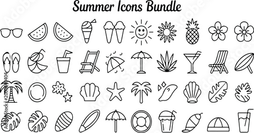 Photos Summer vacation icon mega bundle hand drawn line art style minimalist beach holi