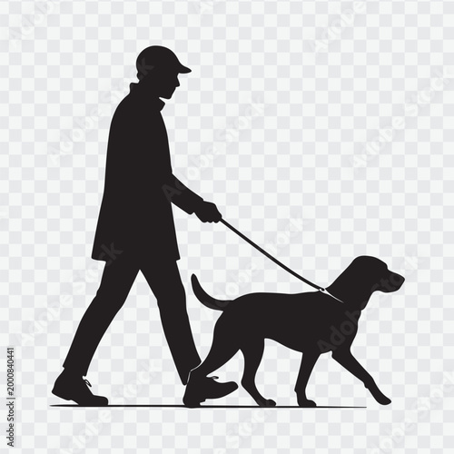 Silhouette of a man walking a dog. Pet care campaigns, outdoor activity promotions