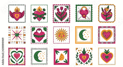 Collection of Mexican folk art sacred heart icons and celestial sun moon symbols with floral ornaments in flat colorful vector illustration