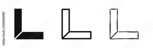 Geometric L-shape or angle ruler icon set in solid, outline, and hand-drawn styles