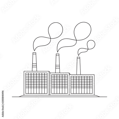Factory buildings with smoke stacks linear drawing on white background