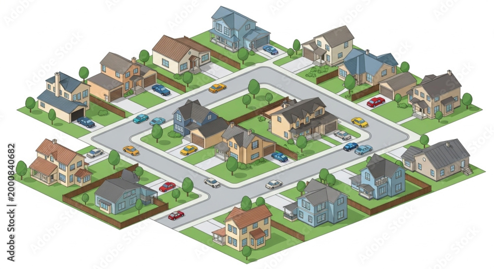 Fototapeta premium Suburban Neighborhood Street View with Houses and Cars.