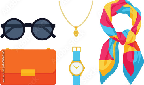 The stylish woman's accessories including scarf, purse, sunglasses, watch and necklace on a Lifestyle table indoors.