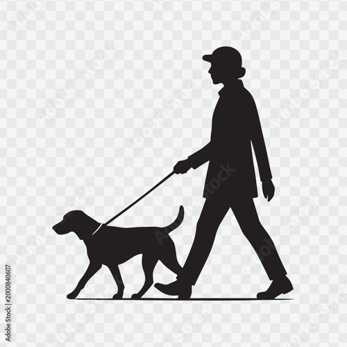 Silhouette of a man walking a dog. Pet care campaigns, outdoor activity promotions