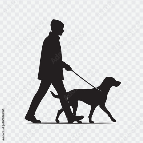 Silhouette of a man walking a dog. Pet care campaigns, outdoor activity promotions