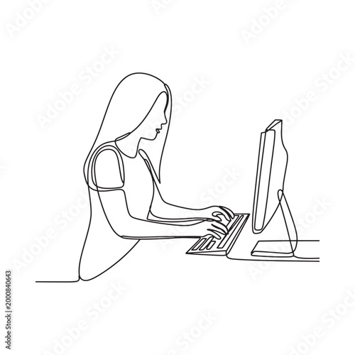 Woman working on computer continuous line drawing illustration
