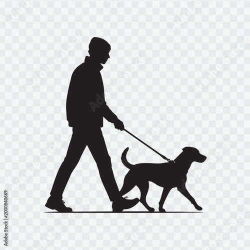 Silhouette of a man walking a dog. Pet care campaigns, outdoor activity promotions