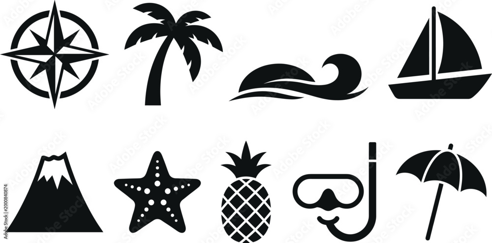 Fototapeta premium Vibrant tropical clip art set palm trees pineapples summer vacation icons