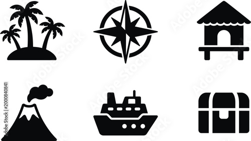 Tropical clip art set island compass volcano pirate adventure graphics