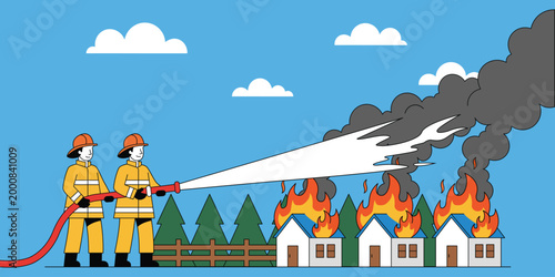 firefighters battling wildfire near suburban homes vector illustration