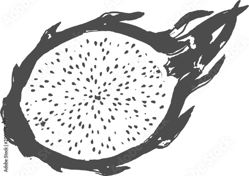 Dragon fruit slice black and white tropical clip art illustration