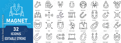 Magnet Line Icon Set.Contains icons related to Attraction, Electromagnetism,Repulsion,and more. Editable stroke. Vector illustration.