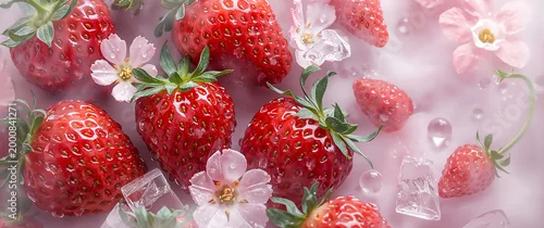 Panel kuchenny z motywem beautiful background of fresh strawberries with flowers