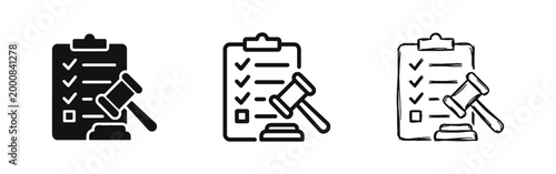 Law compliance checklist with judge gavel icon set for legal services