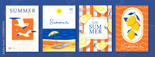 Set of summer Italian posters or covers with oysters, beach umbrella, tablecloth, lemons, seagulls and beach landscape. Vector illustration