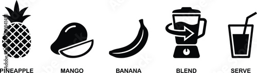 Vibrant tropical clip art pineapple mango banana blender drink icons