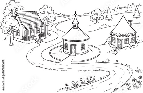 Black and white illustration of houses on winding road