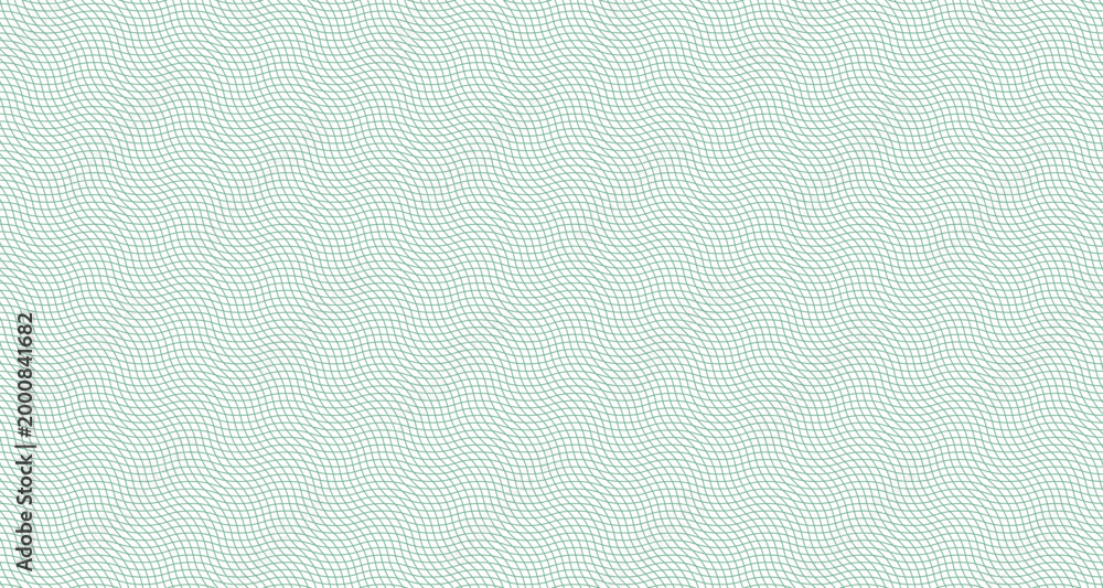 Fototapeta premium Green guilloche pattern with flowing watermark lines creates secure money background. Intricate wave grid texture for passport certificates and currency design elements.