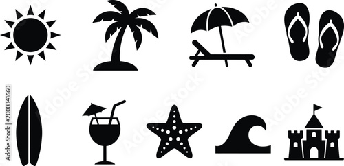 Vibrant tropical clip art set sun palm trees beach summer icons