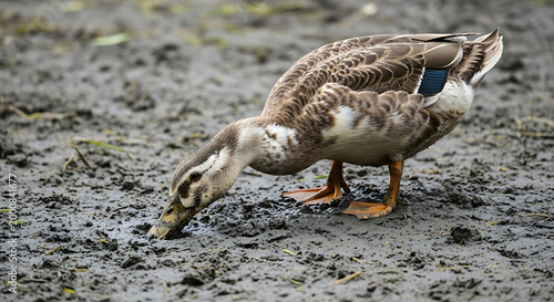 Duck bending down to peck at the muddy ground with its beak