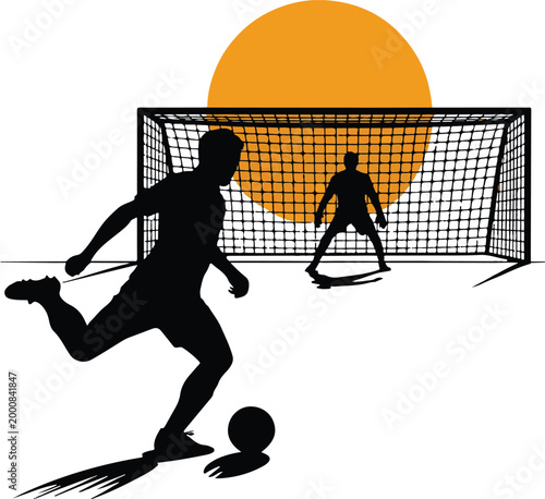 Soccer player kicking ball near goal at sunset