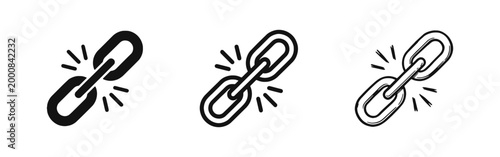 Chain Link Connection Icon Set in Three Different Styles Solid Outline and Hand Drawn