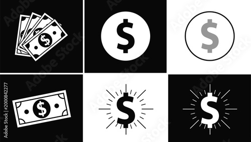 Dollar Money Icon Set with Cash Bills, Currency Symbols, and Financial Signs for Banking, Business, Investment, Payment, and Economy Design Projects