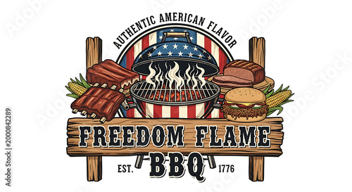 vintage american bbq logo with grill and food isolated on transparent background