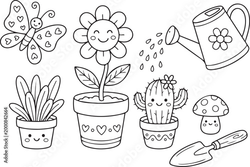 Cute cartoon garden plants and gardening tools icons