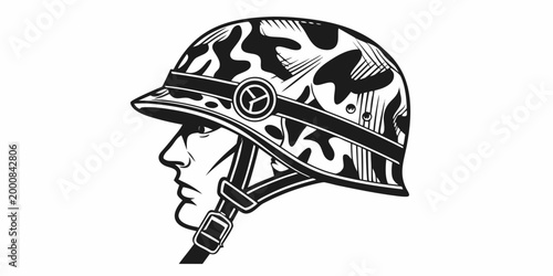 Tableau sur toile Profile view of soldier wearing camouflage helmet illustration with military cam