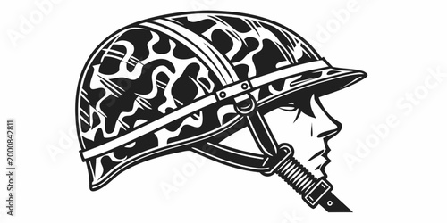 Quadro em tela Vintage military helmet with camouflage pattern monochrome graphic illustration